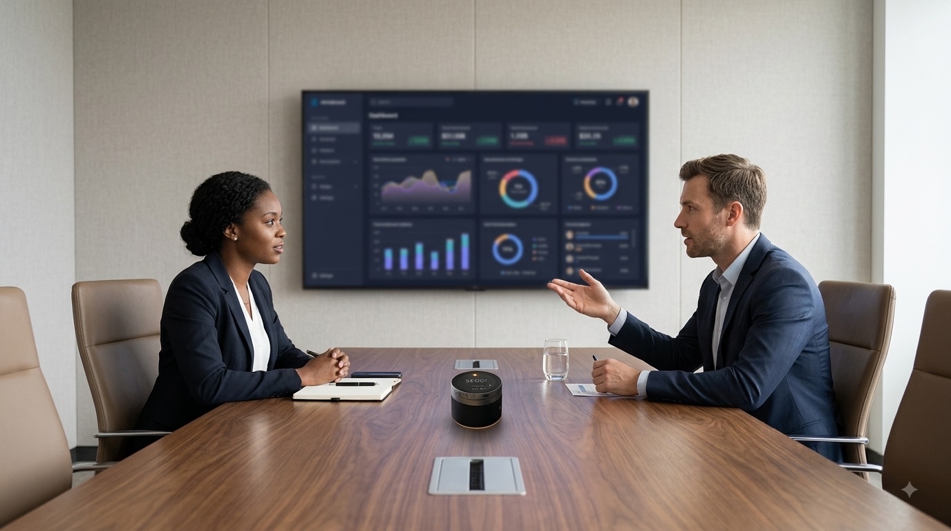 A glass-walled meeting room with a Seggi unit on the table